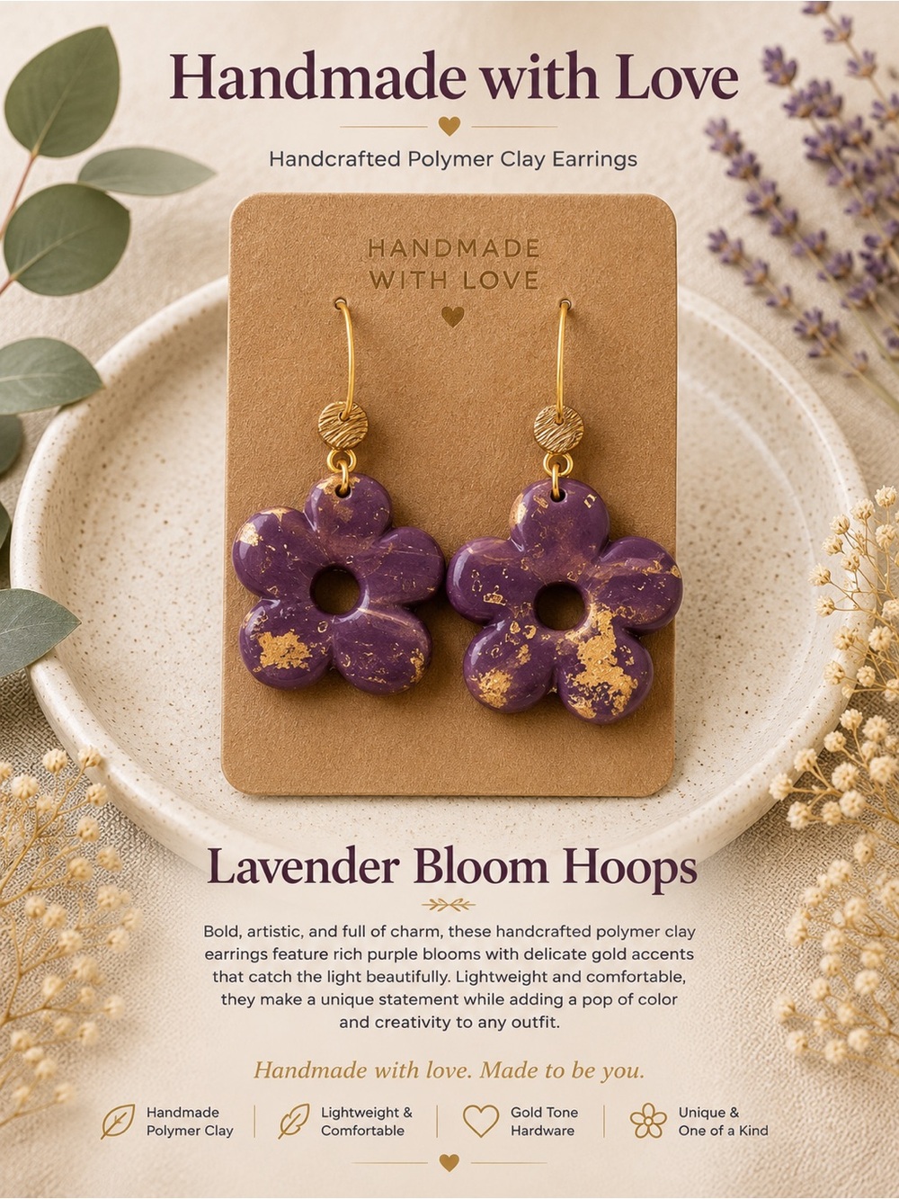 Lavender Bloom Hoops Earrings — Purple with Gold Accents